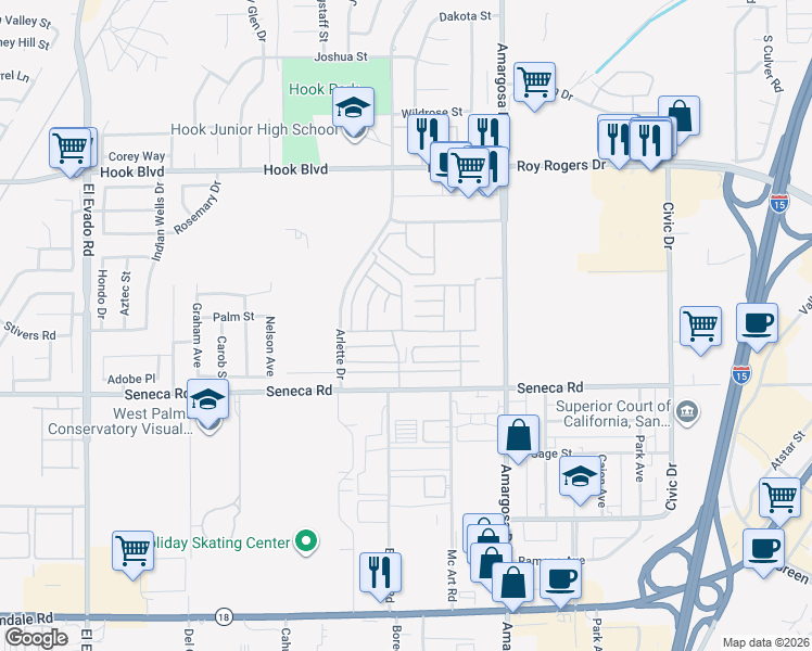 map of restaurants, bars, coffee shops, grocery stores, and more near 15252 Seneca Road in Victorville