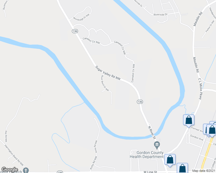 map of restaurants, bars, coffee shops, grocery stores, and more near 172 River Bend Way Northwest in Calhoun