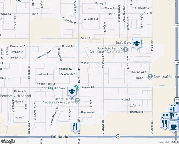 map of restaurants, bars, coffee shops, grocery stores, and more near 14627 Palm Street in Adelanto