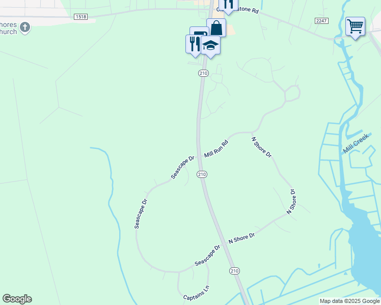 map of restaurants, bars, coffee shops, grocery stores, and more near 100 Seascape Drive in Sneads Ferry