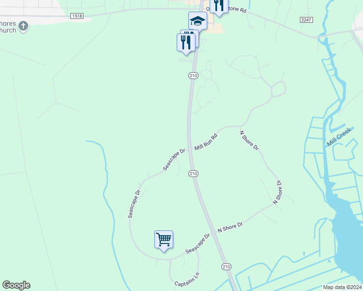 map of restaurants, bars, coffee shops, grocery stores, and more near 100 Seascape Drive in Sneads Ferry