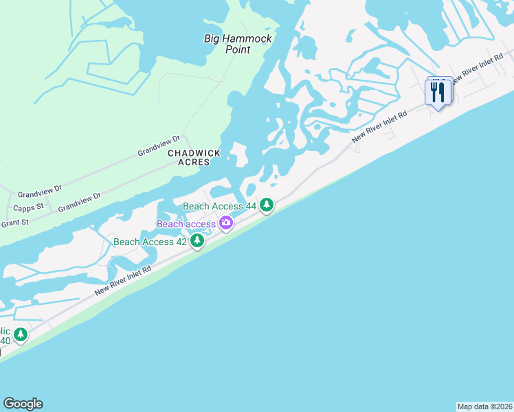 map of restaurants, bars, coffee shops, grocery stores, and more near Barton Bay Court in North Topsail Beach