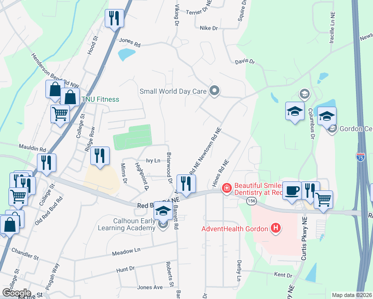 map of restaurants, bars, coffee shops, grocery stores, and more near 282 Newtown Road Northeast in Calhoun