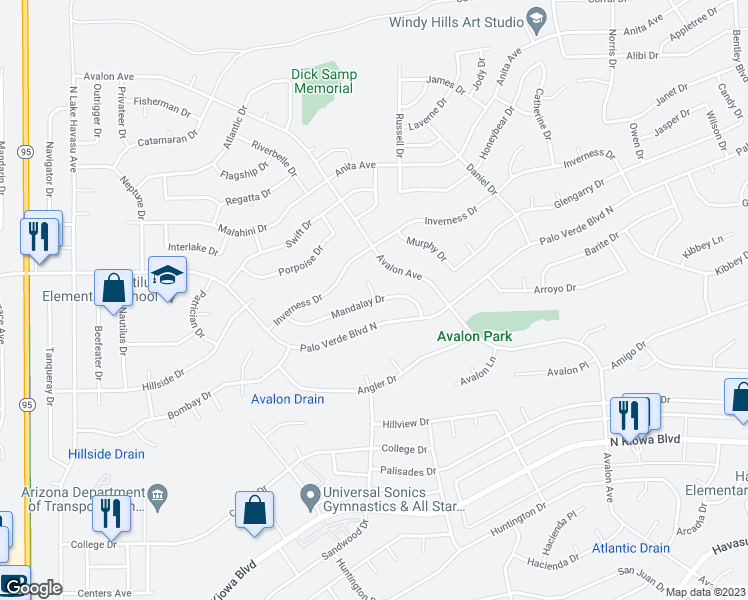 map of restaurants, bars, coffee shops, grocery stores, and more near 2429 Mandalay Drive in Lake Havasu City