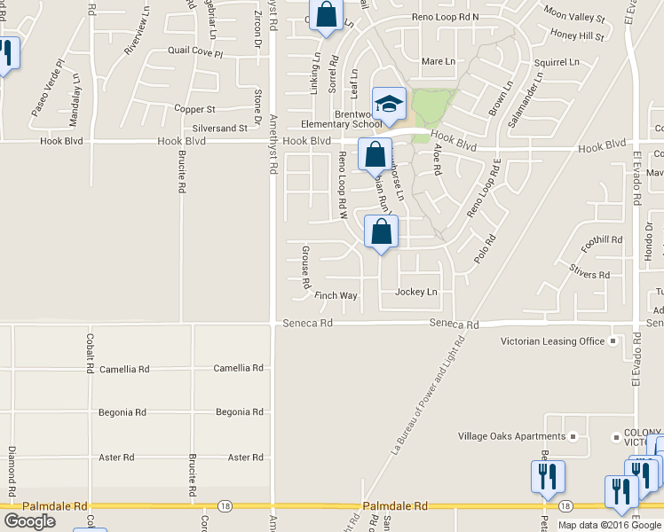 map of restaurants, bars, coffee shops, grocery stores, and more near 13827 Goldfinch Court in Victorville