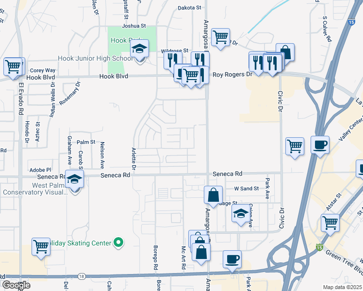 map of restaurants, bars, coffee shops, grocery stores, and more near 15252 Seneca Road in Victorville