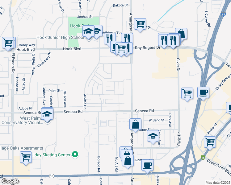 map of restaurants, bars, coffee shops, grocery stores, and more near 18825 Sutter Drive in Victorville