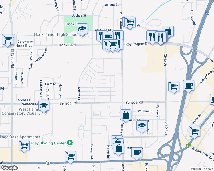 map of restaurants, bars, coffee shops, grocery stores, and more near 18825 Sutter Drive in Victorville