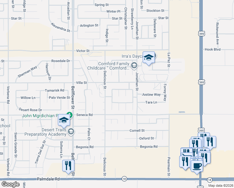 map of restaurants, bars, coffee shops, grocery stores, and more near 14624 Chicory Lane in Adelanto