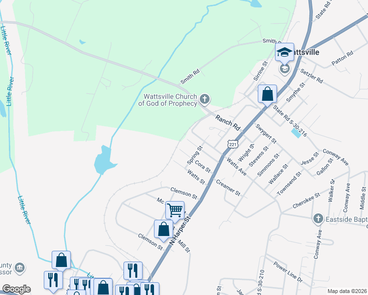 map of restaurants, bars, coffee shops, grocery stores, and more near 322 Cora Street in Laurens