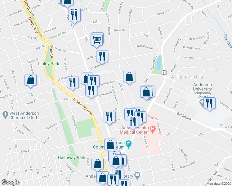 map of restaurants, bars, coffee shops, grocery stores, and more near 300 East Broad Street in Anderson