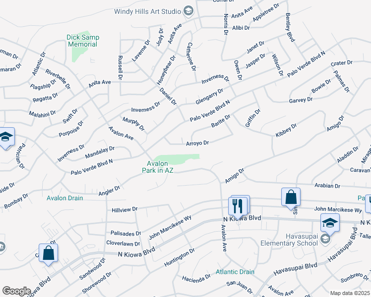 map of restaurants, bars, coffee shops, grocery stores, and more near 1386 Arroyo Drive in Lake Havasu City