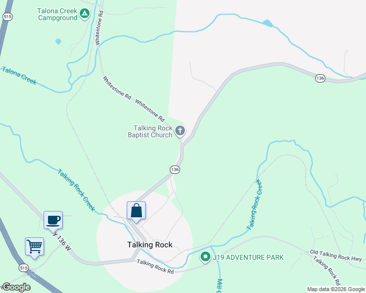 map of restaurants, bars, coffee shops, grocery stores, and more near 153 Whitestone Road in Talking Rock