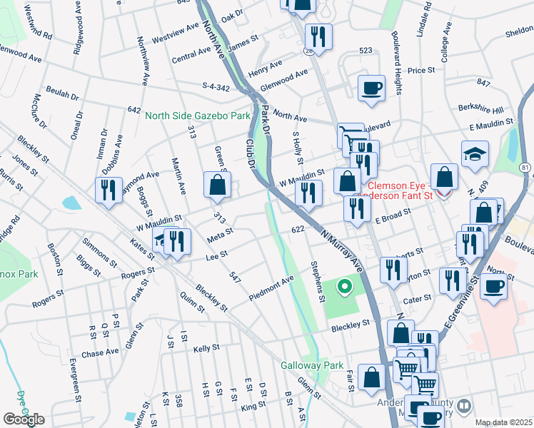 map of restaurants, bars, coffee shops, grocery stores, and more near 1414 Benjamin Street in Anderson