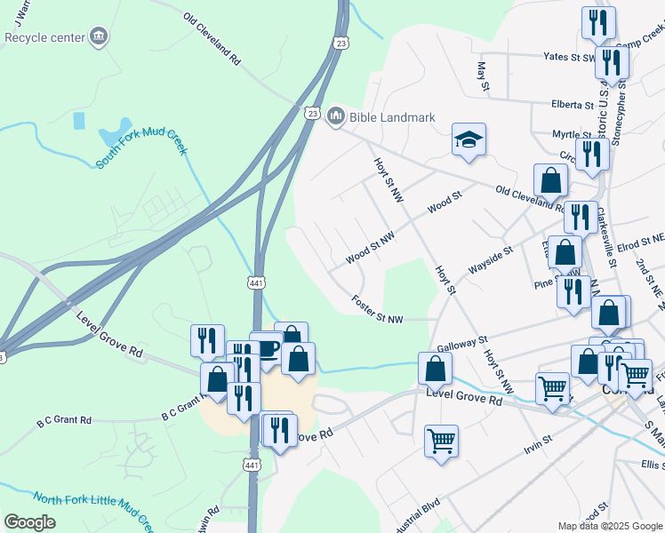 map of restaurants, bars, coffee shops, grocery stores, and more near 115 Wood Street Northwest in Cornelia