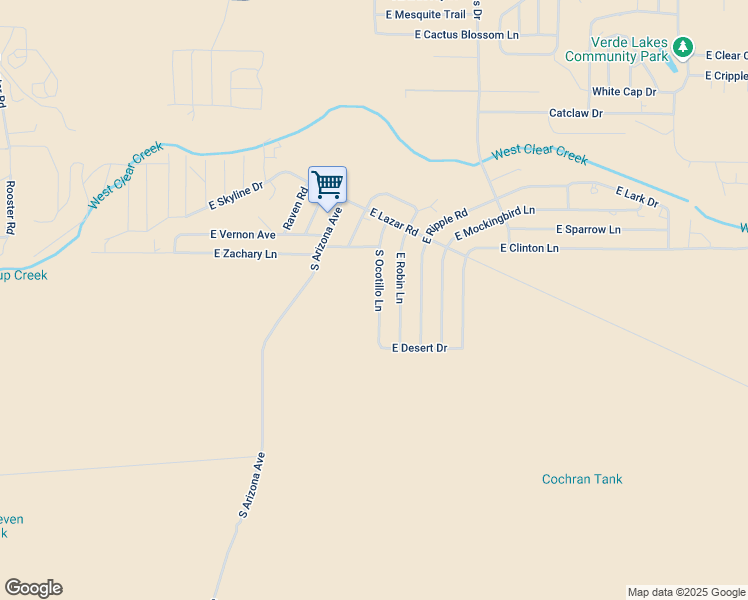map of restaurants, bars, coffee shops, grocery stores, and more near 3590 South Ocotillo Lane in Camp Verde
