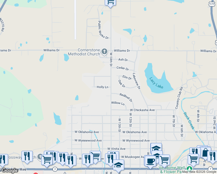 map of restaurants, bars, coffee shops, grocery stores, and more near 1402 Holly Lane in Sulphur