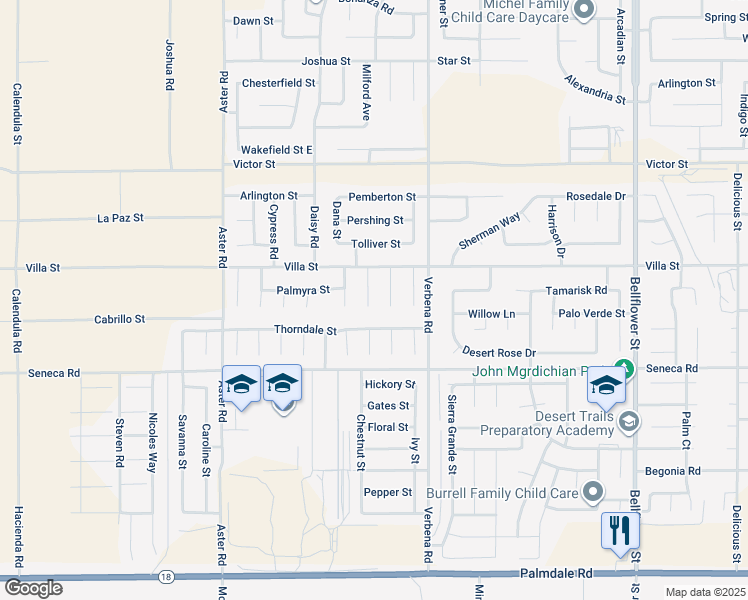 map of restaurants, bars, coffee shops, grocery stores, and more near 14633 Gray Street in Adelanto