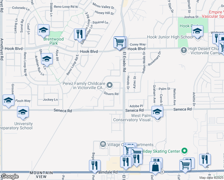 map of restaurants, bars, coffee shops, grocery stores, and more near 14421 El Grande Way in Victorville