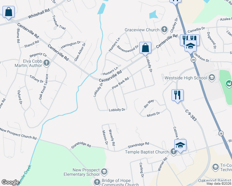 map of restaurants, bars, coffee shops, grocery stores, and more near 103 Pine Forest Drive in Easley
