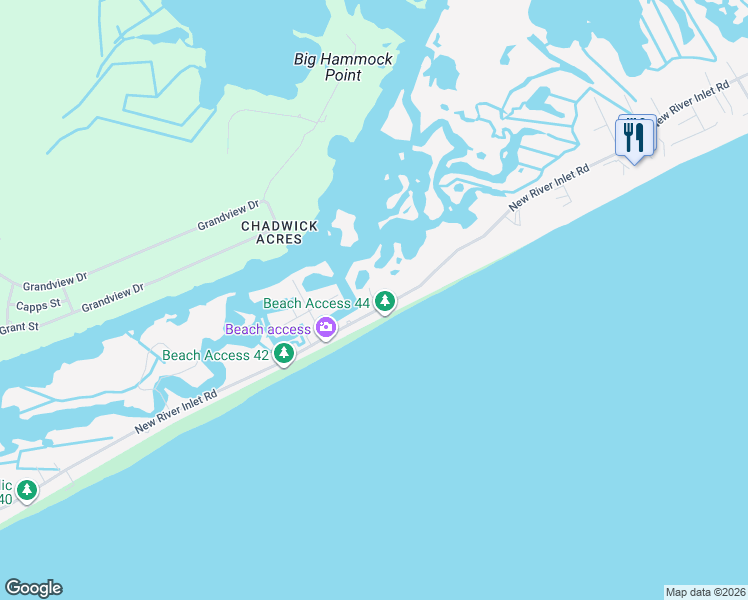 map of restaurants, bars, coffee shops, grocery stores, and more near Barton Bay Court in North Topsail Beach