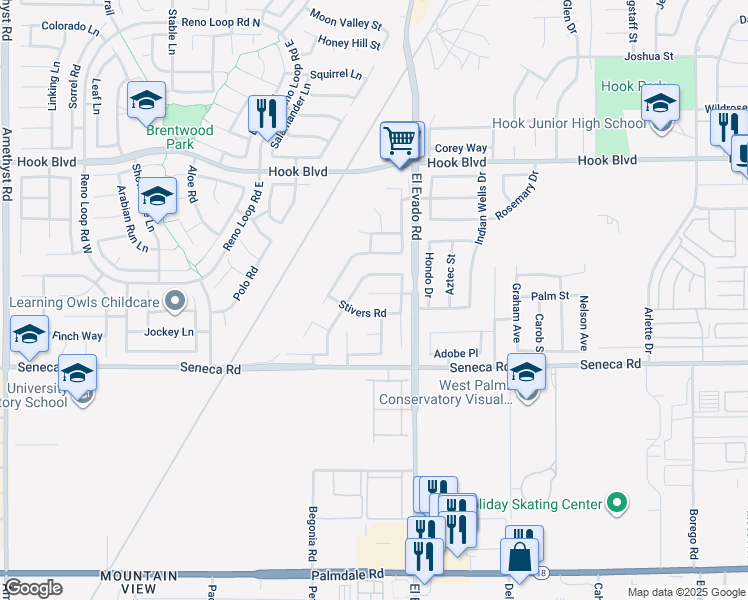 map of restaurants, bars, coffee shops, grocery stores, and more near 14421 El Grande Way in Victorville