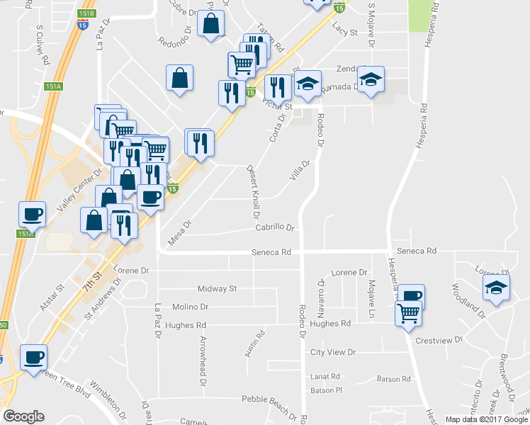 map of restaurants, bars, coffee shops, grocery stores, and more near 16464 Desert Knoll Drive in Victorville