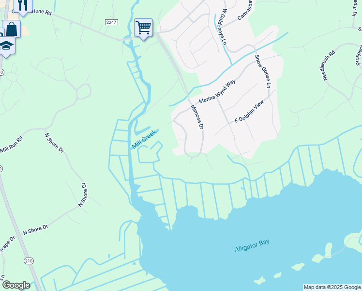 map of restaurants, bars, coffee shops, grocery stores, and more near 259 Mimosa Drive in Sneads Ferry