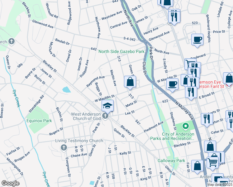 map of restaurants, bars, coffee shops, grocery stores, and more near 700 West Mauldin Street in Anderson