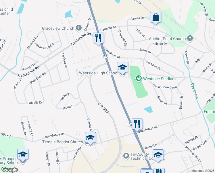map of restaurants, bars, coffee shops, grocery stores, and more near 110 Extended Lane in Anderson