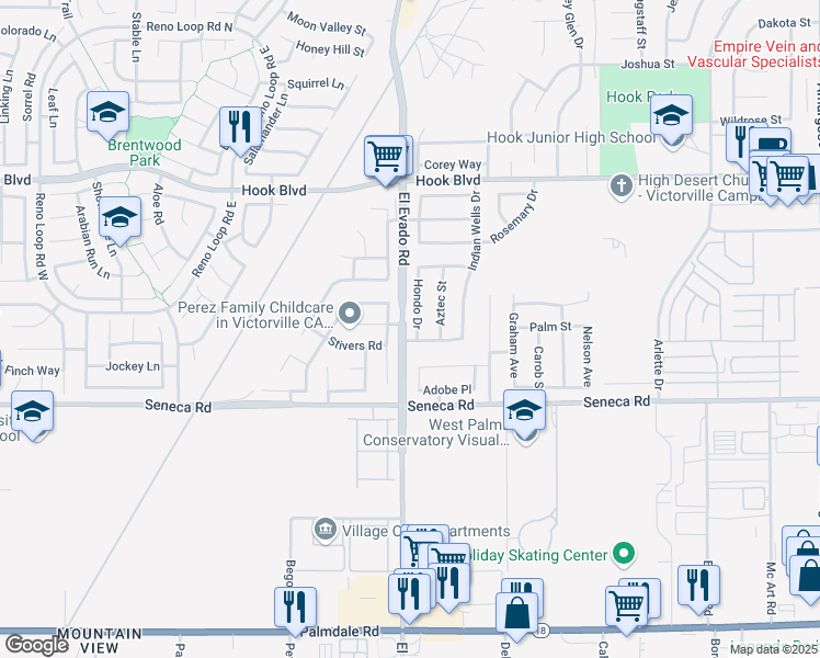map of restaurants, bars, coffee shops, grocery stores, and more near 14630 Hondo Drive in Victorville