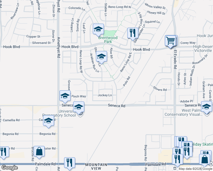 map of restaurants, bars, coffee shops, grocery stores, and more near 14641 Equestrian Court in Victorville