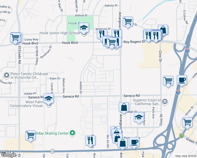 map of restaurants, bars, coffee shops, grocery stores, and more near 379 Fremont Drive in Victorville
