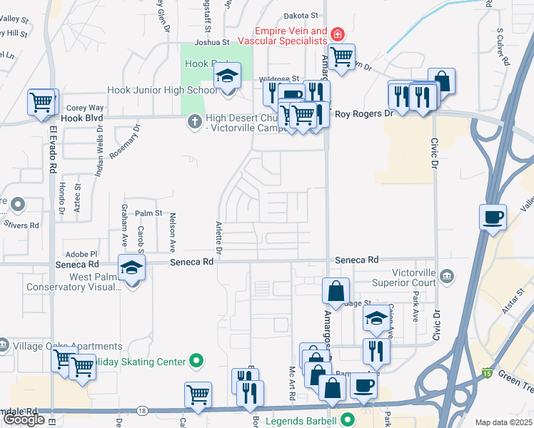 map of restaurants, bars, coffee shops, grocery stores, and more near 379 Fremont Drive in Victorville