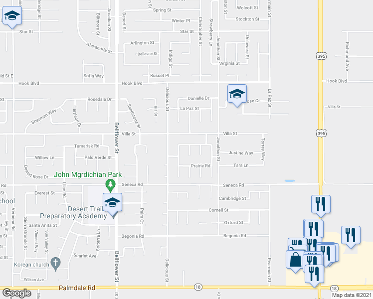 map of restaurants, bars, coffee shops, grocery stores, and more near 14624 Chicory Ln in Adelanto