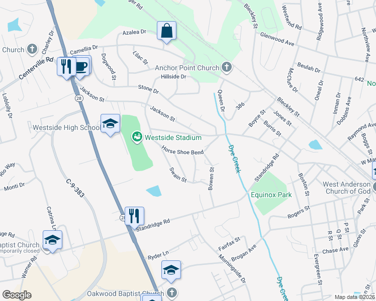 map of restaurants, bars, coffee shops, grocery stores, and more near 230 Horse Shoe Bend in Anderson