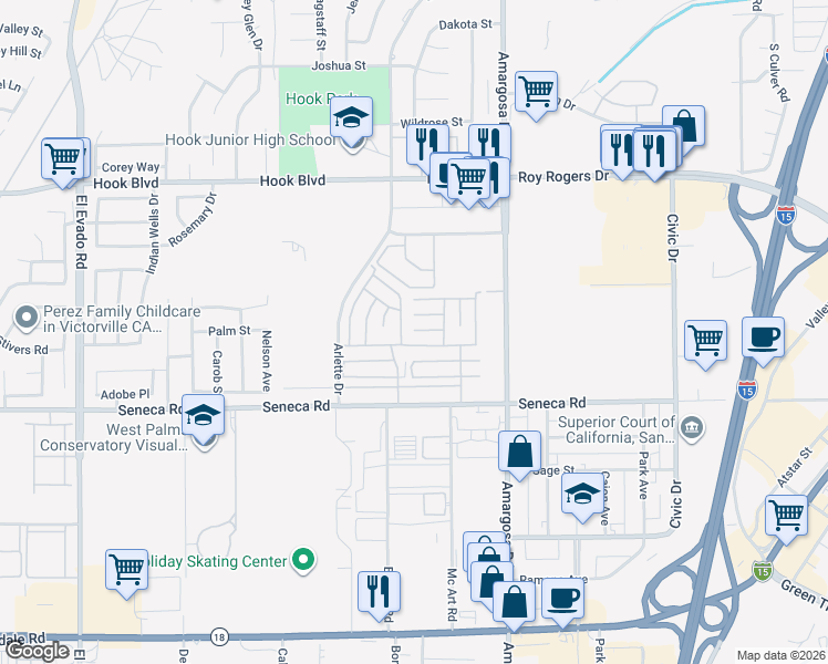 map of restaurants, bars, coffee shops, grocery stores, and more near 379 Fremont Drive in Victorville