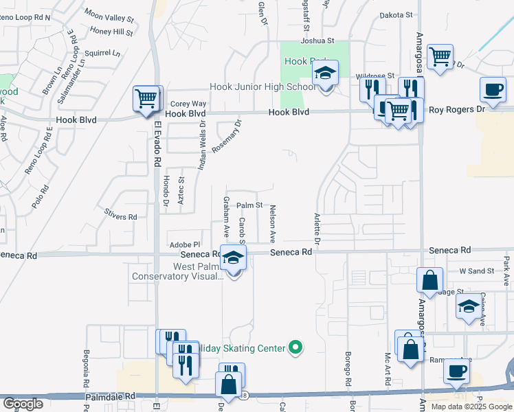 map of restaurants, bars, coffee shops, grocery stores, and more near 14622 Stonecress Street in Victorville