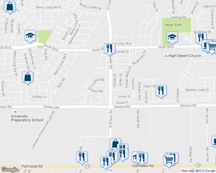 map of restaurants, bars, coffee shops, grocery stores, and more near 14630 Hondo Drive in Victorville