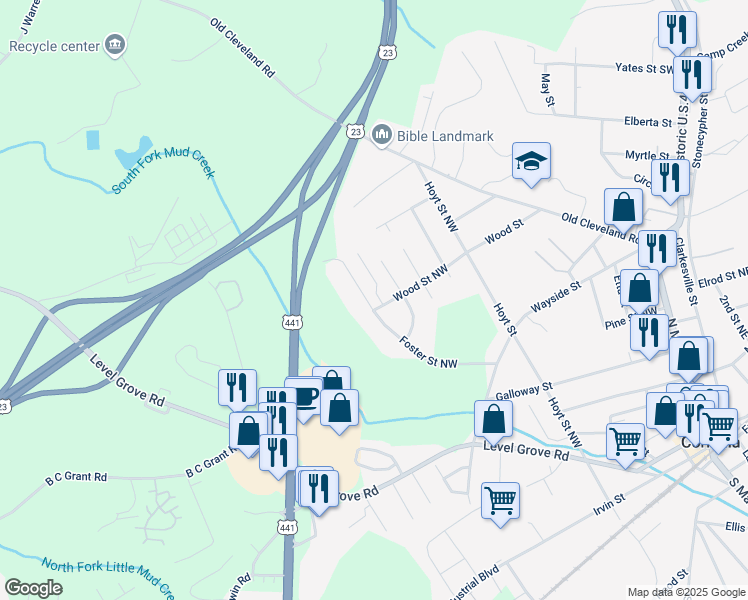 map of restaurants, bars, coffee shops, grocery stores, and more near 115 Wood Street Northwest in Cornelia