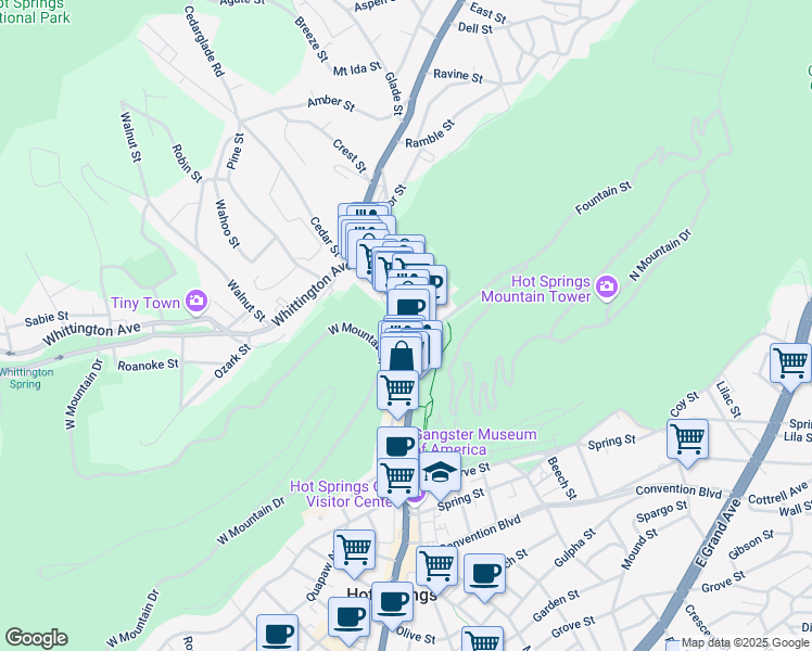 map of restaurants, bars, coffee shops, grocery stores, and more near 236 Central Avenue in Hot Springs