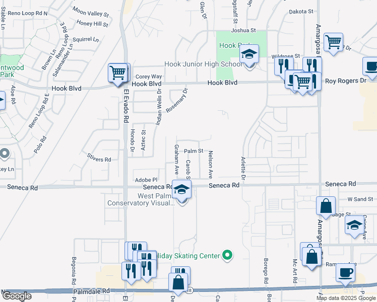 map of restaurants, bars, coffee shops, grocery stores, and more near Palm Street in Victorville