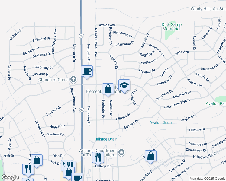 map of restaurants, bars, coffee shops, grocery stores, and more near 1470 Nautilus Drive in Lake Havasu City