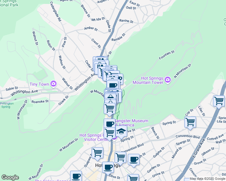 map of restaurants, bars, coffee shops, grocery stores, and more near 236 Central Avenue in Hot Springs