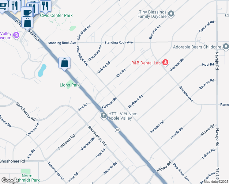 map of restaurants, bars, coffee shops, grocery stores, and more near 21036 Pine Ridge Avenue in Apple Valley