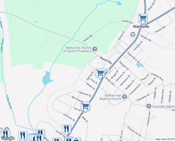 map of restaurants, bars, coffee shops, grocery stores, and more near 209 Camp Street in Laurens