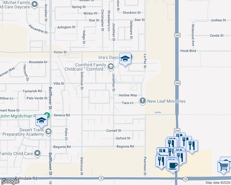 map of restaurants, bars, coffee shops, grocery stores, and more near 11704 Justine Way in Adelanto