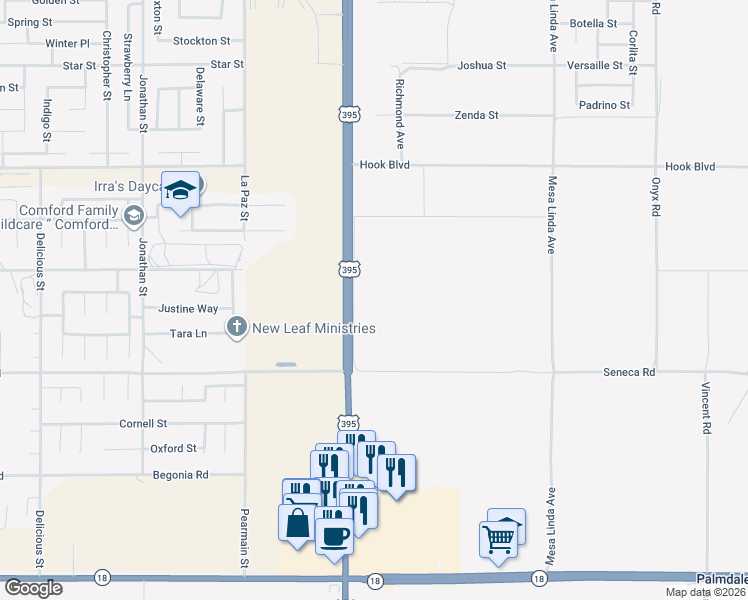 map of restaurants, bars, coffee shops, grocery stores, and more near in Victorville