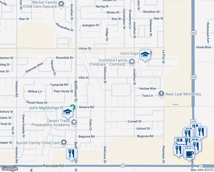 map of restaurants, bars, coffee shops, grocery stores, and more near 14619 Delicious Street in Adelanto