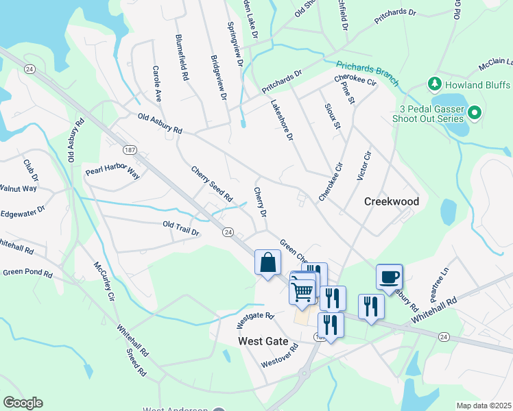 map of restaurants, bars, coffee shops, grocery stores, and more near 329 Cherry Drive in Anderson